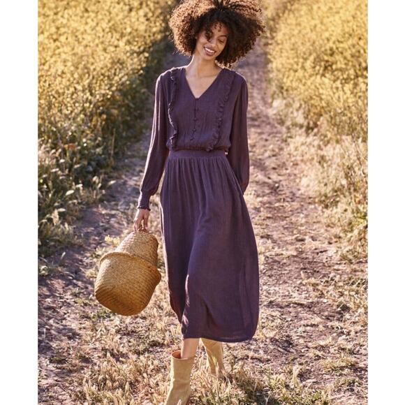 Garnet Hill Ruffle Crêpe Dress Maxi Plum Purple Longsleeve Pocket Peasant M New - Picture 6 of 12